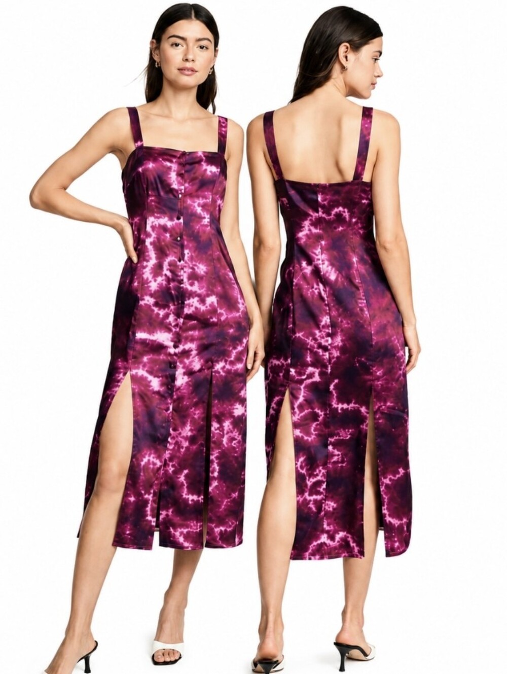 Cinq à Sept Alexa Midi Dress Magenta Tie Dye Button Down Sleeveless Slits Sz 10